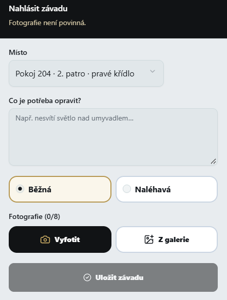 Skutečný formulář pro nahlášení závady v NEXTKEY Facility