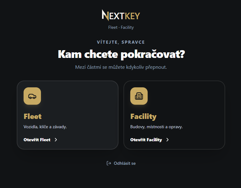 Skutečná úvodní obrazovka NEXTKEY s volbou Fleet a Facility
